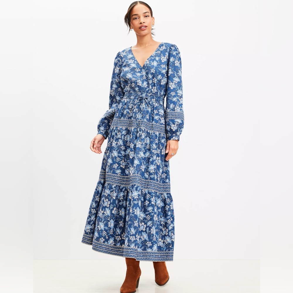 LOFT Floral Smocked Tie Waist Midi Dress, sz S